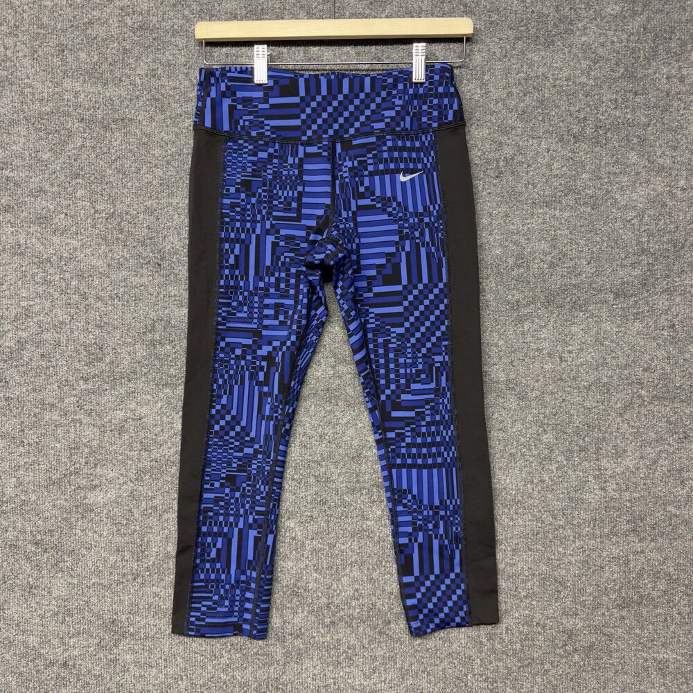 Nike Dri-FIT Running Leggings Womens M Blue Geometric Print Ankle Zip Pocket Gym